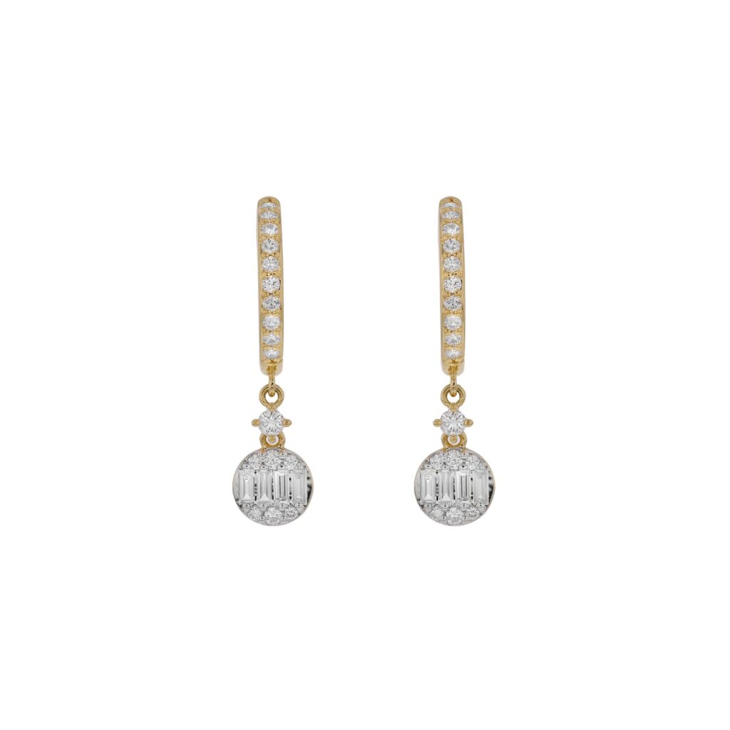 18K Diamond Huggies with drop Disc, 34 Diamonds=.50ct 8 Baugette=.27ct