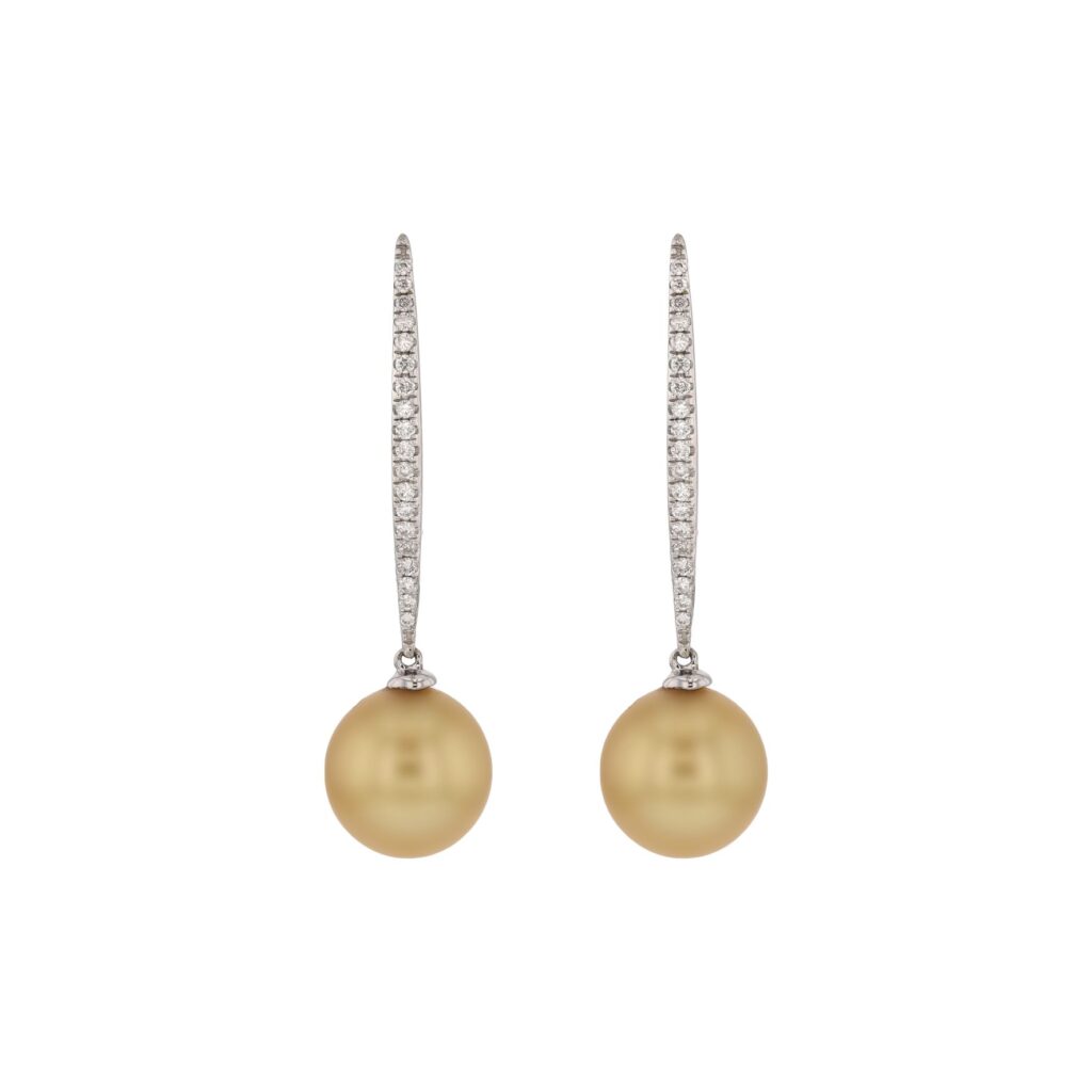18K Long drop Hooks 38D=.21ct with round 10mm Golden South Sea Earrings