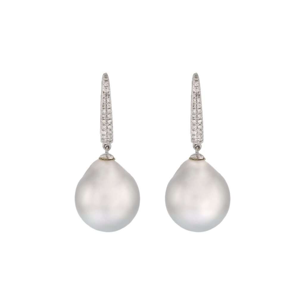 18K 13mm Baroque South Sea Pearls on 50 Diamond=.28ct Huggies