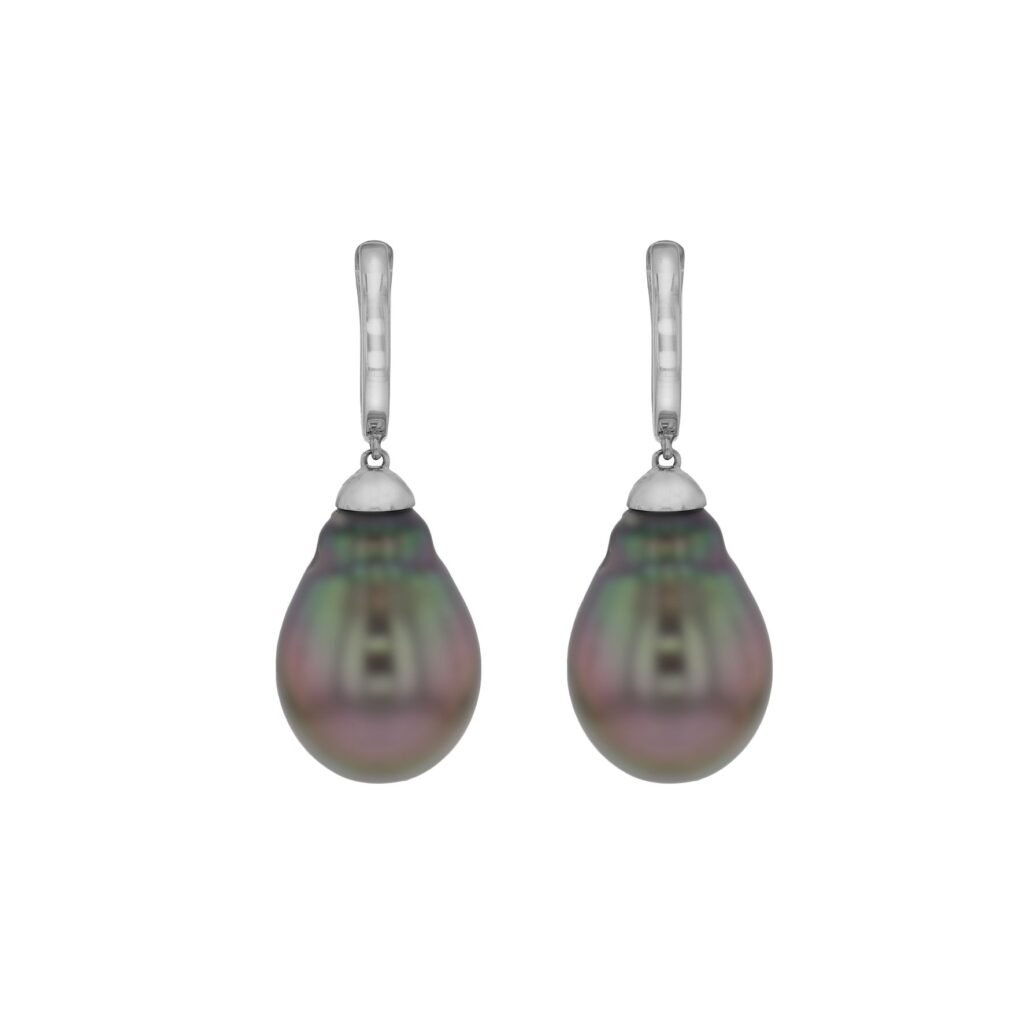 18K 13mm Drop Tahitian Pearls on Plain gold Huggies