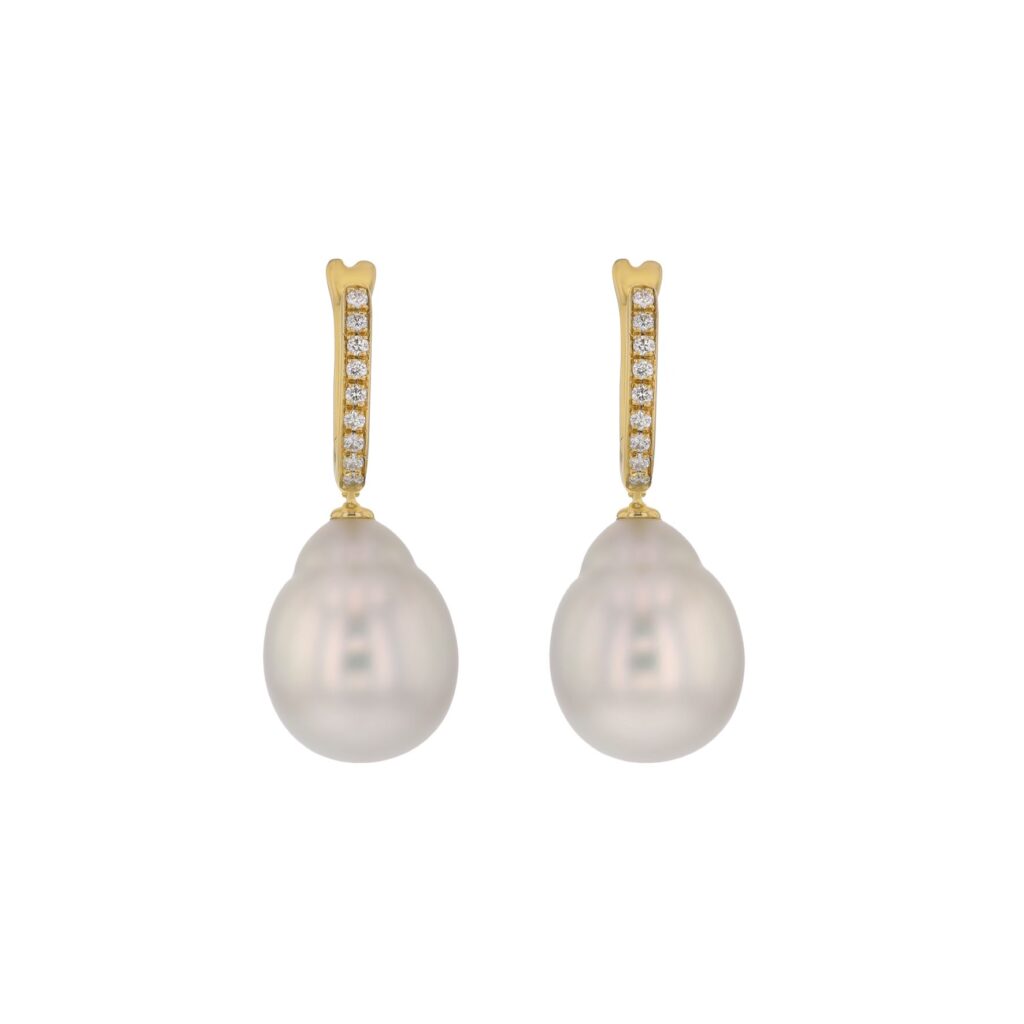18K 12mm Drop South Sea Pearls on Diamond Huggies