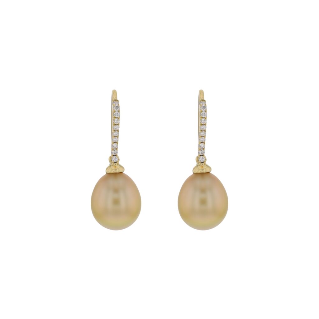 18K 10mm Golden South Sea on Diamond Hooks 20D=.30ct