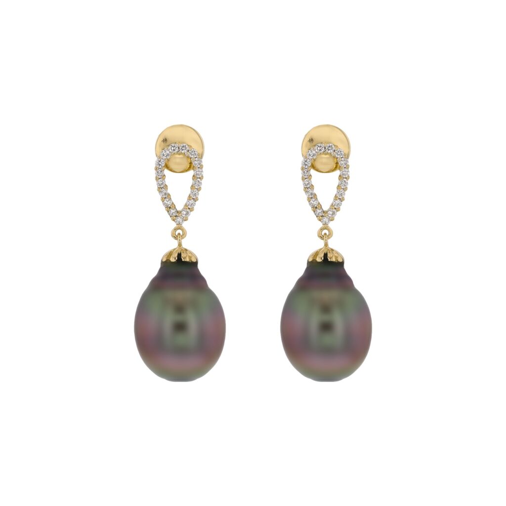 18K 11mm Drop Tahitian Pearls on open Diamond=.20ct Studs