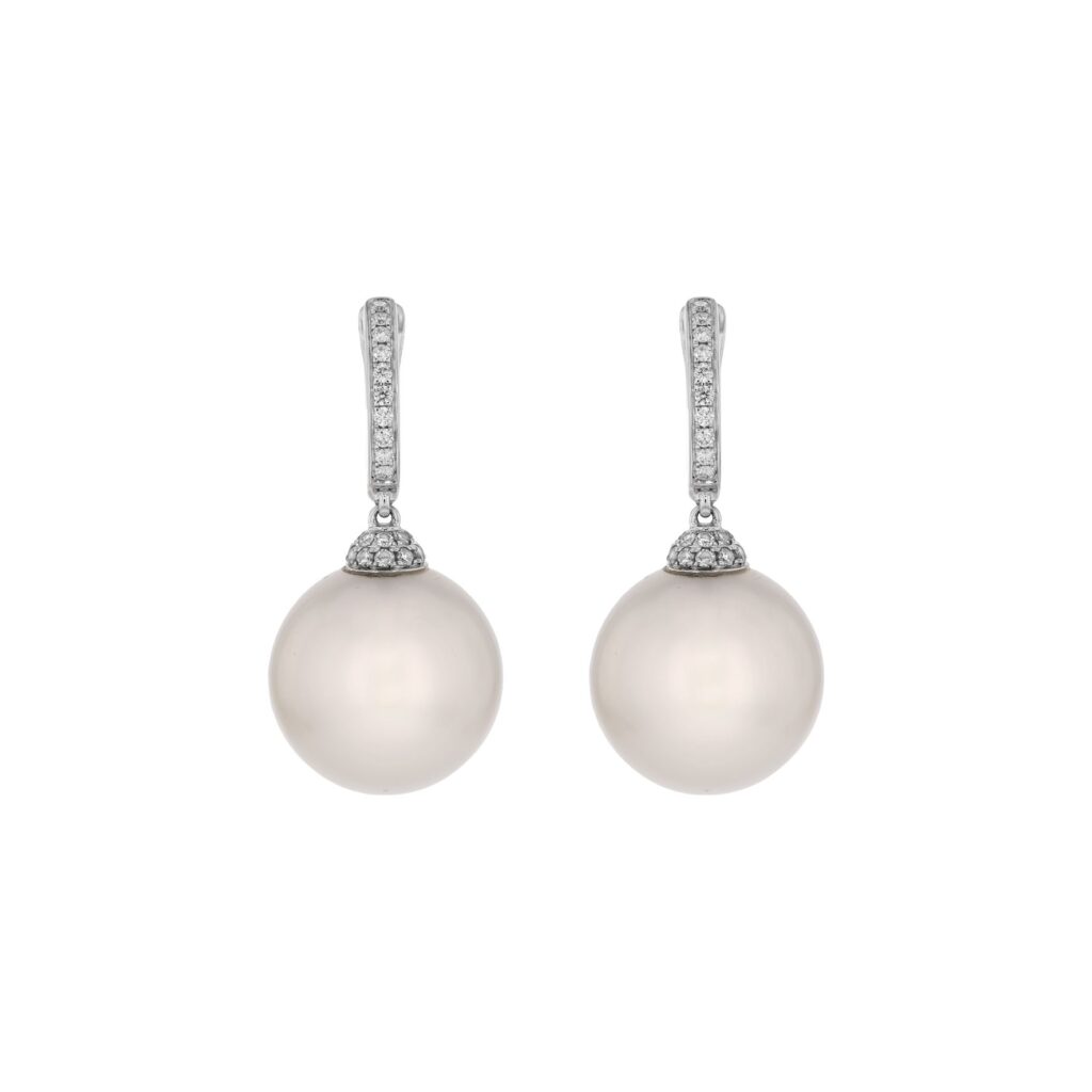 18K 13.5mm Round White South Sea Pearls on Diamond Huggies 54D=.34ct