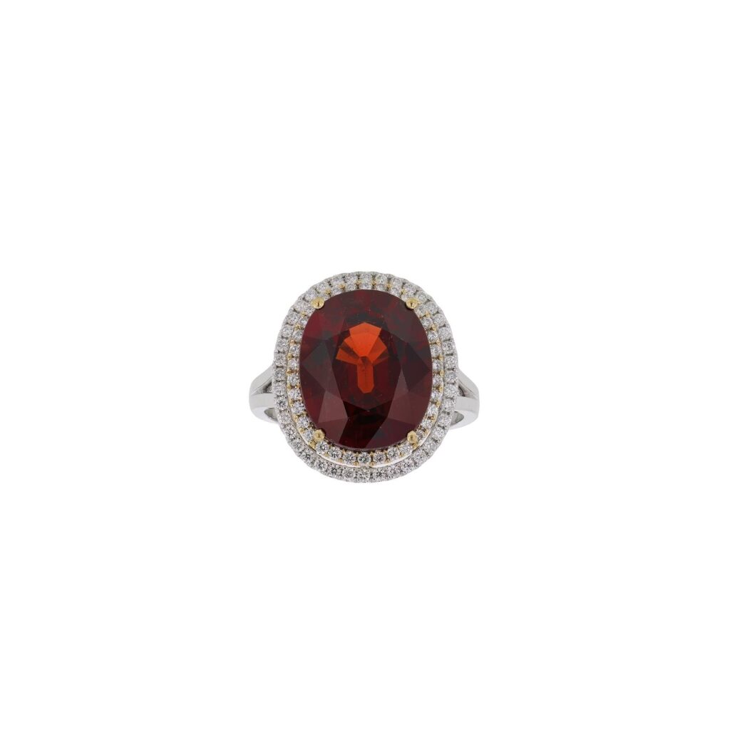 18K 11.5ct Oval Garnet Ring with 2rows of Halo 74Diamonds=.71ct