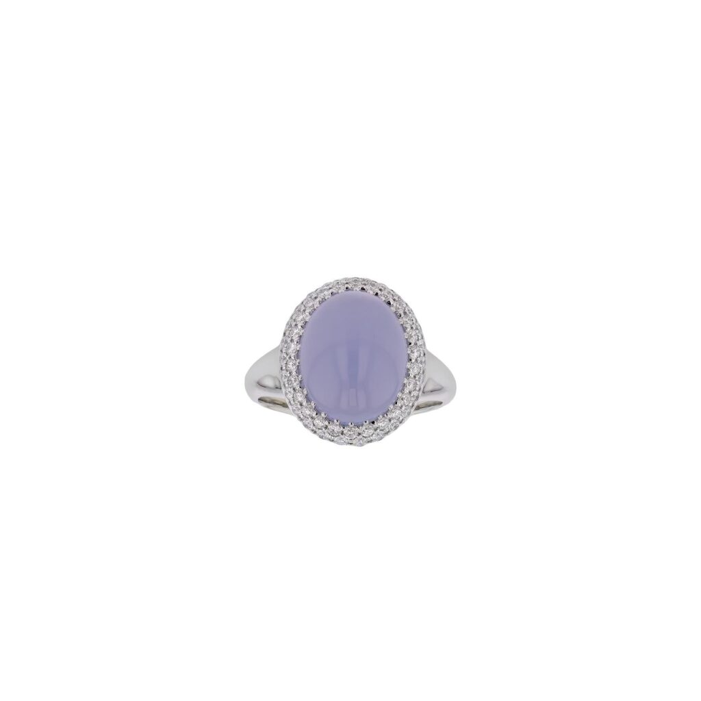 18K 5.6ct Cabochon cut Chalcedony Ring with halo of 52Diamonds=.52ct