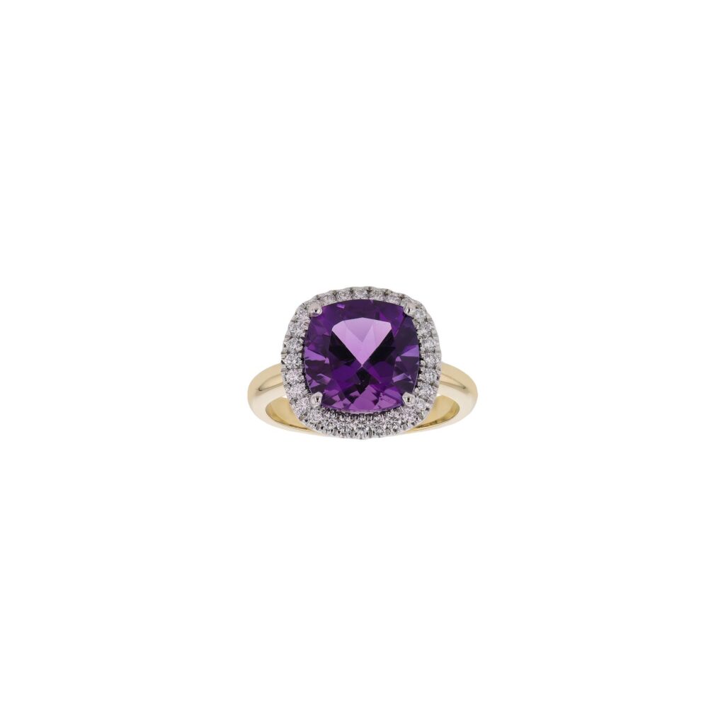 9K 10mm Cushion Cut Amethyst Ring with halo of Diamonds