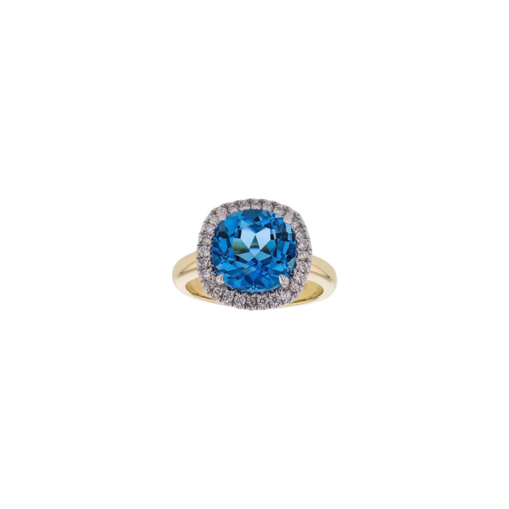 9K 10mm Cushion Cut Blue Topaz Ring with halo of Diamonds
