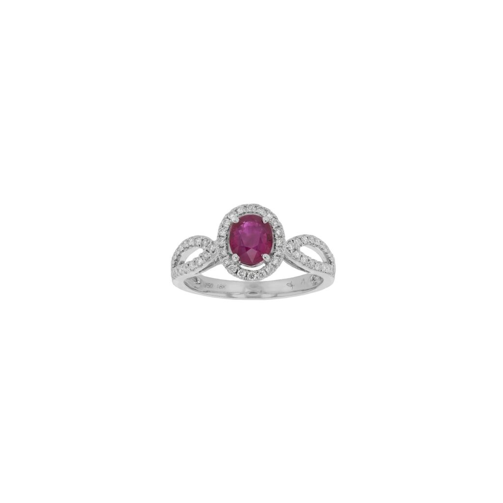 18K 1CT Oval Ruby Ring with Halo of 54Diamonds and split Band
