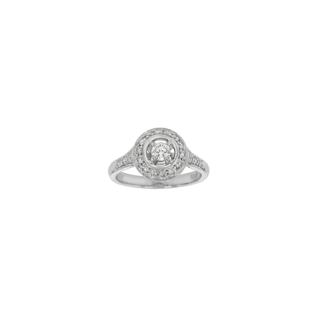 18W Diamond ring with Centre D=.20ct Halo and shoulder Diamonds=.40ct