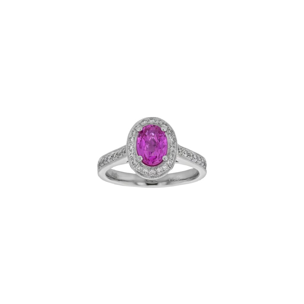 18K 1.4ct Oval Pink Sapphire Ring with Halo and Shoulder Diamonds=.50ct