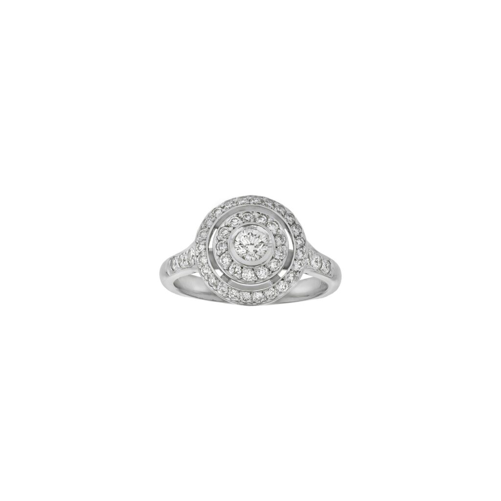 18K Circle Diamond Ring with Centre=.20ct Halo and sides=.38ct