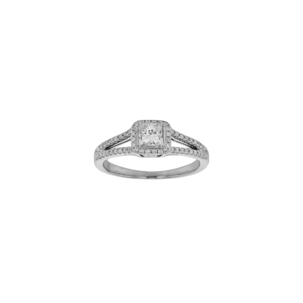 18K Split Band Diamond Ring with Centre=.43ct Halo and Sides=.20ct