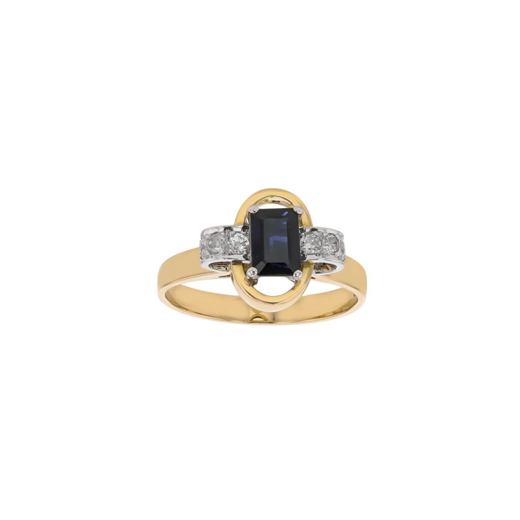 9K Emerald Cut Sapphire with 6Diamonds in Art Deco Style