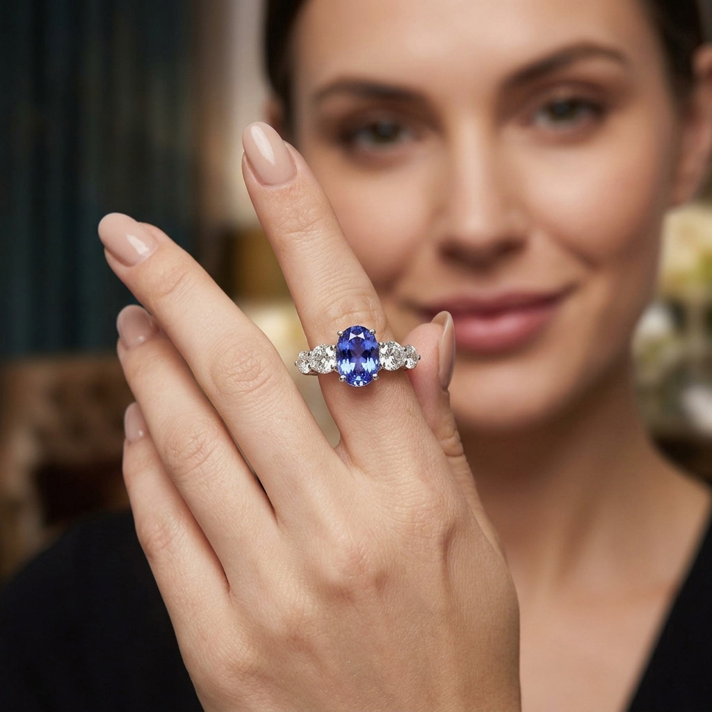 18K 2.38CT Oval Sapphire Ring with 4Diamonds=1.26ct Alternate View