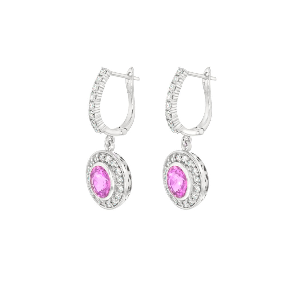 18K 2 Round Pink Sapphires=2CT with 48Diamonds Huggies