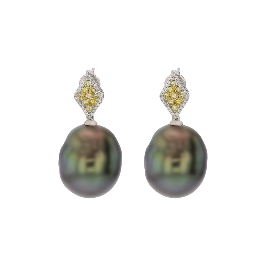 18K 15mm Tahitian Baroque 52D=.18ct 18Yellow Diamonds .40ct Studs