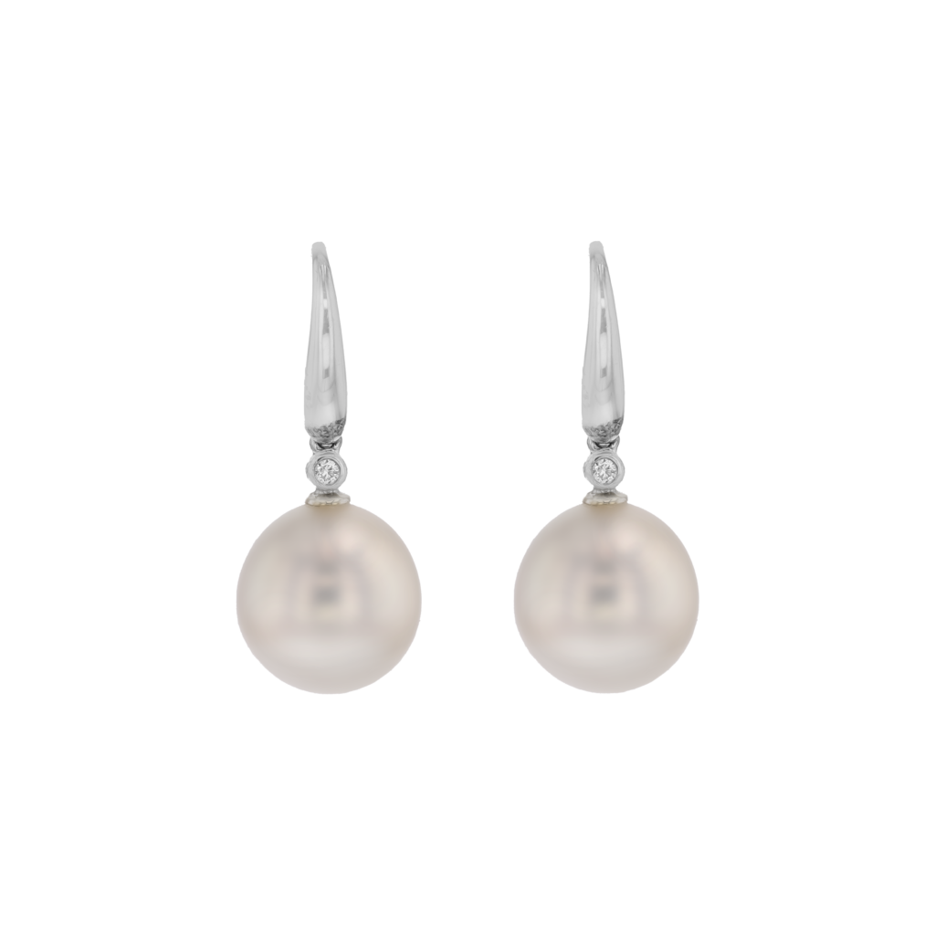 18K South Sea 12.7mm Round Pearls with 2D=.12ct on Hooks
