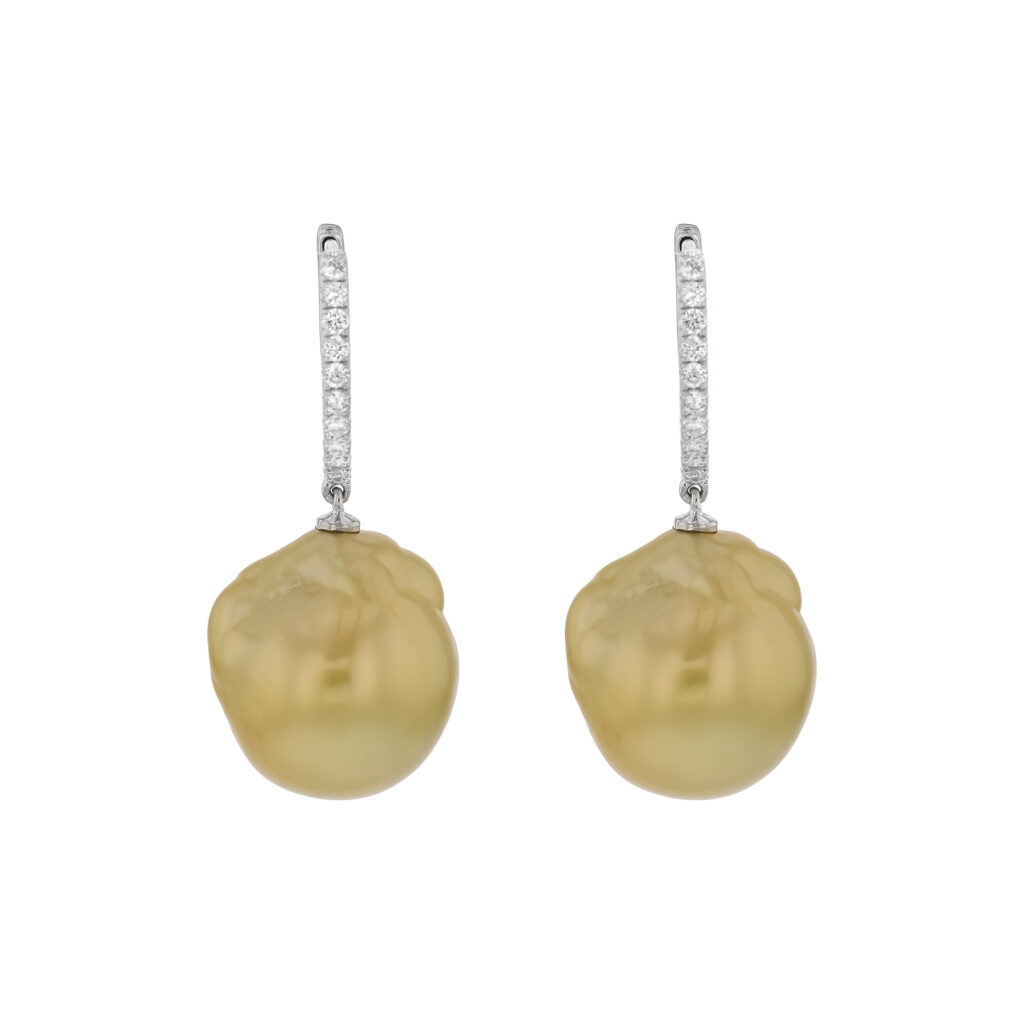 18K South Sea 14.5mm Baroque Pearls with 22D=.30ct Huggies