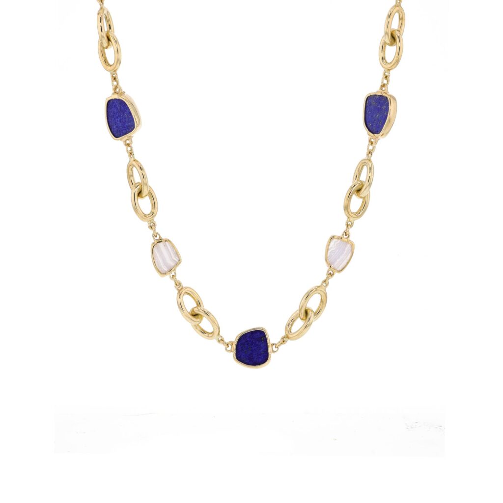 9K Lapis Lazuli and Lace Agate Necklace with Oval gold links