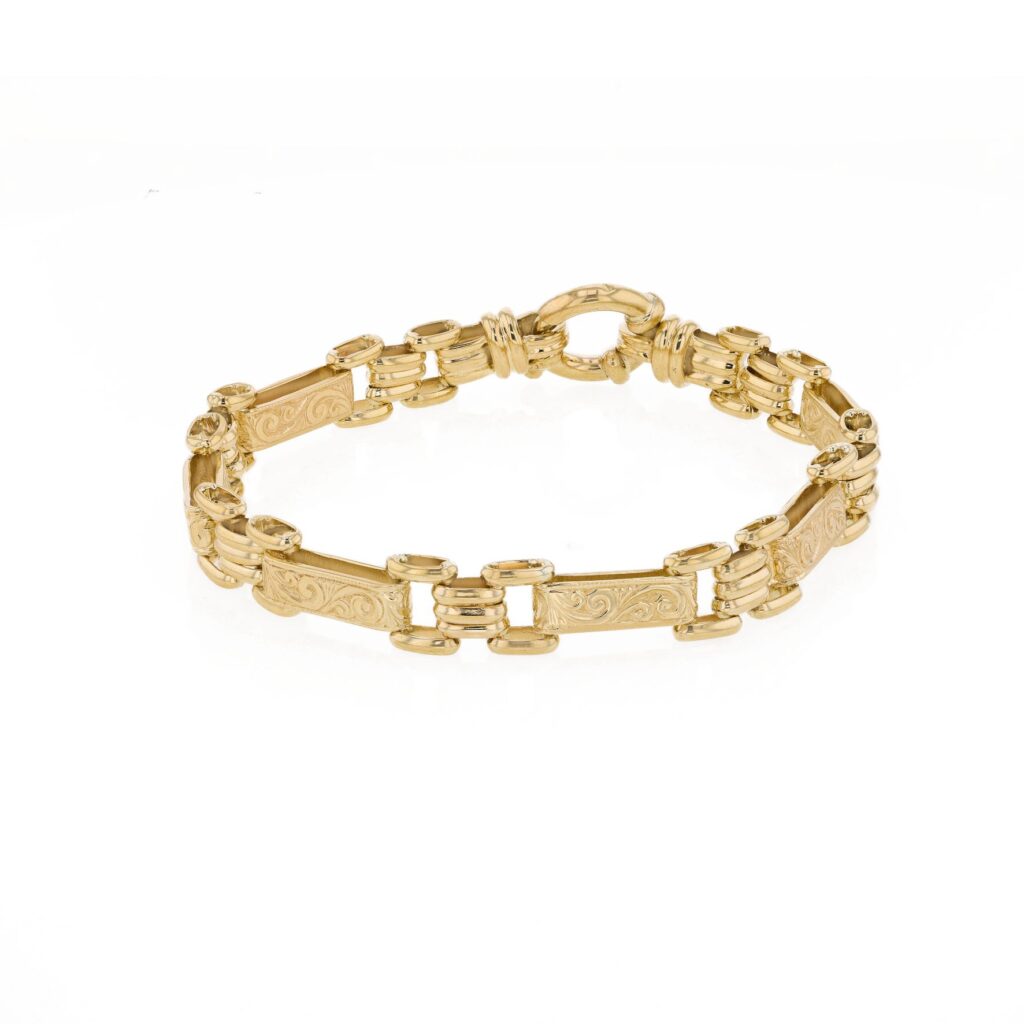 9K Engraved Bar and links Bracelet with Bolt clasp