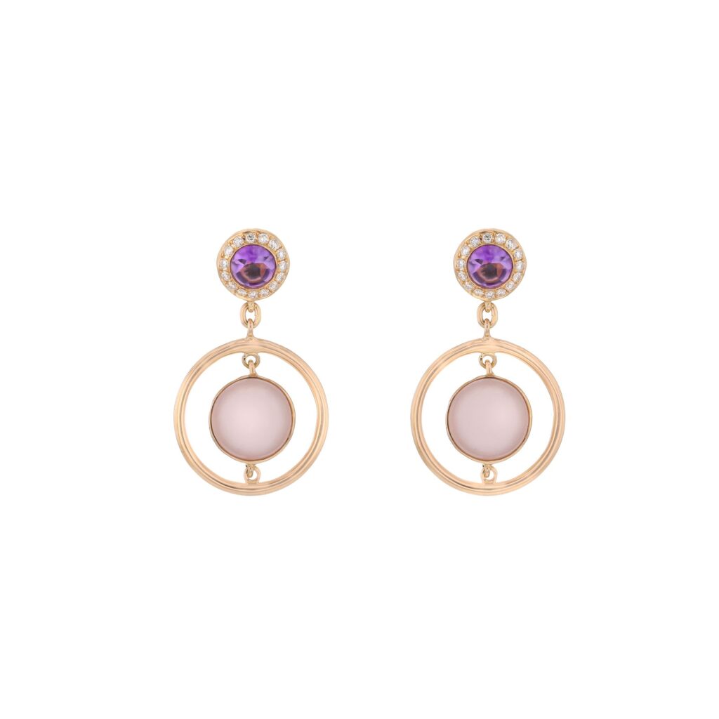 18K Amethyst & Rose Quartz studs, 2Amethyst=.50ct, 2RoseQ=3.35ct 30Diamonds=.15ct