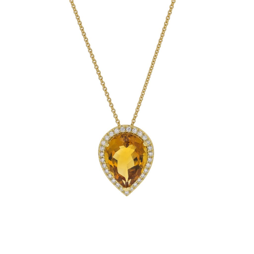 18K Pear Shaped Citrine Pendant with halo of .30ct Diamonds
